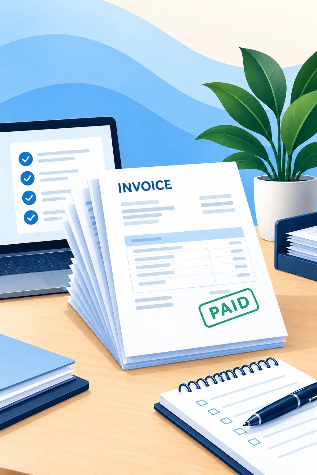 Accounts payable illustration with vendor bills, payment records, and financial documents
