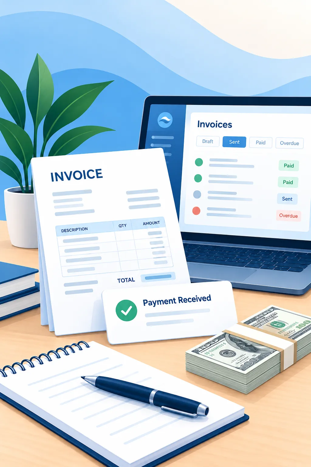 Accounts receivable illustration with customer invoices, payment records, and financial documents