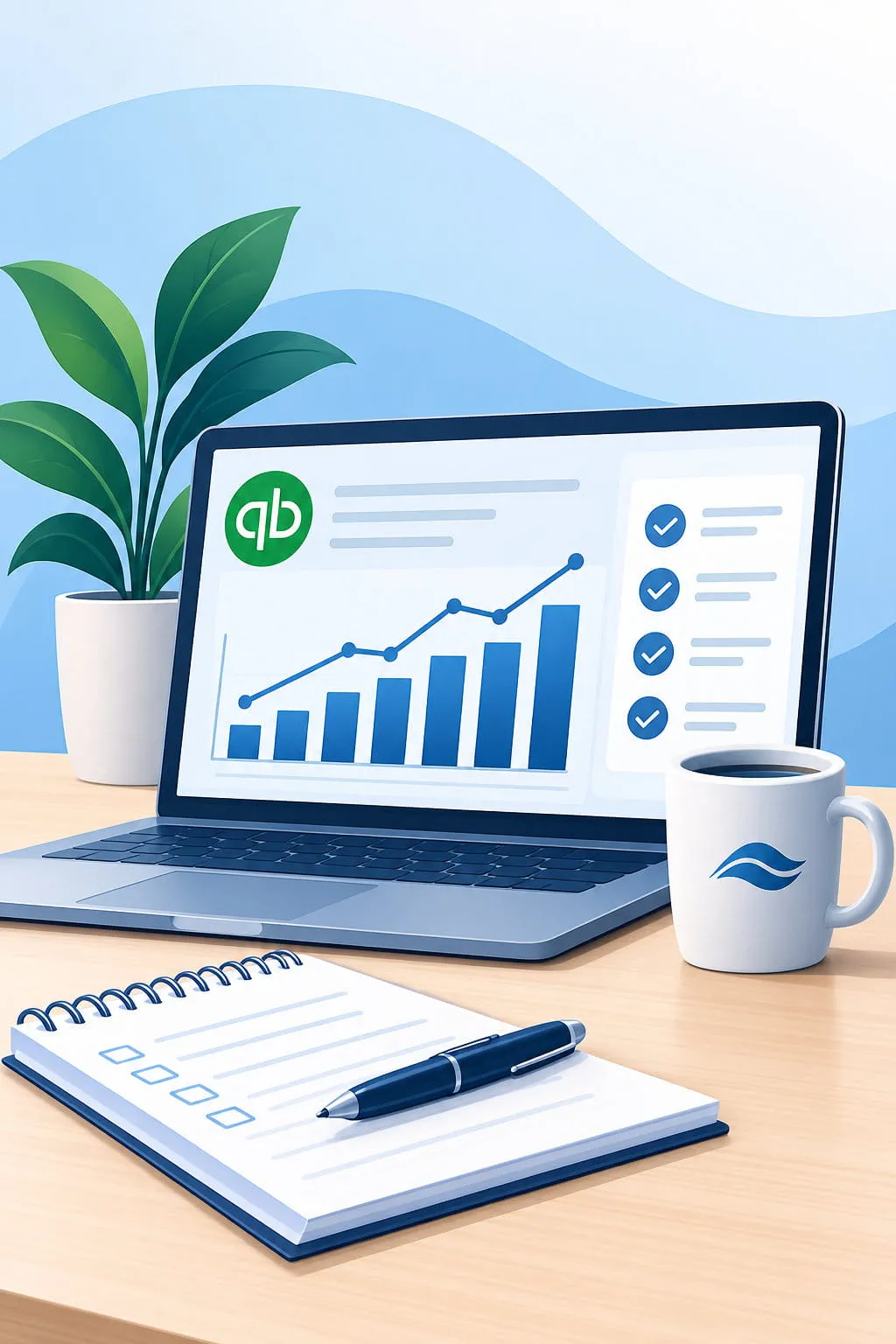 Bookkeeping illustration with financial records, calculator, and accounting documents