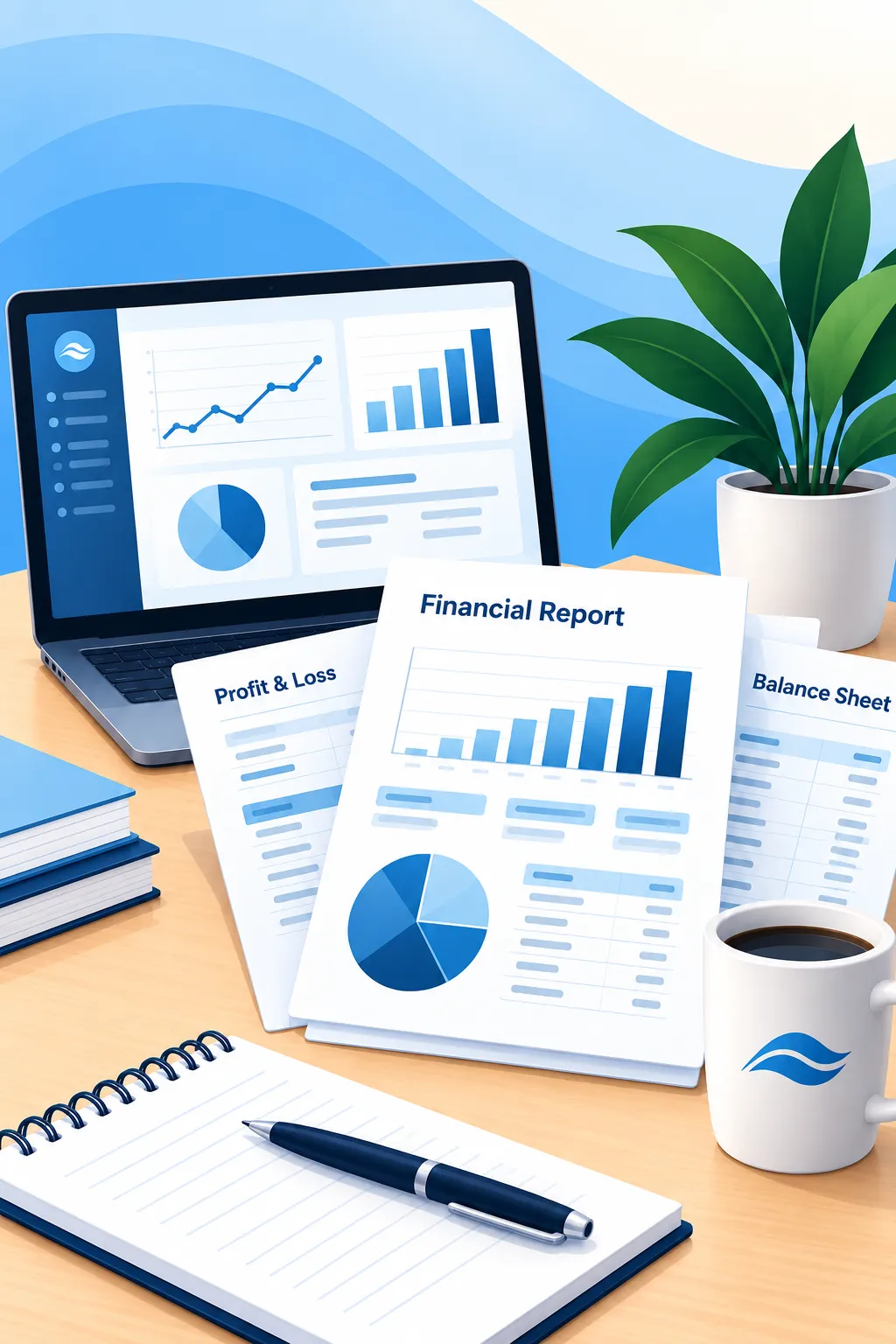 Financial reporting illustration with charts, financial statements, and accounting data