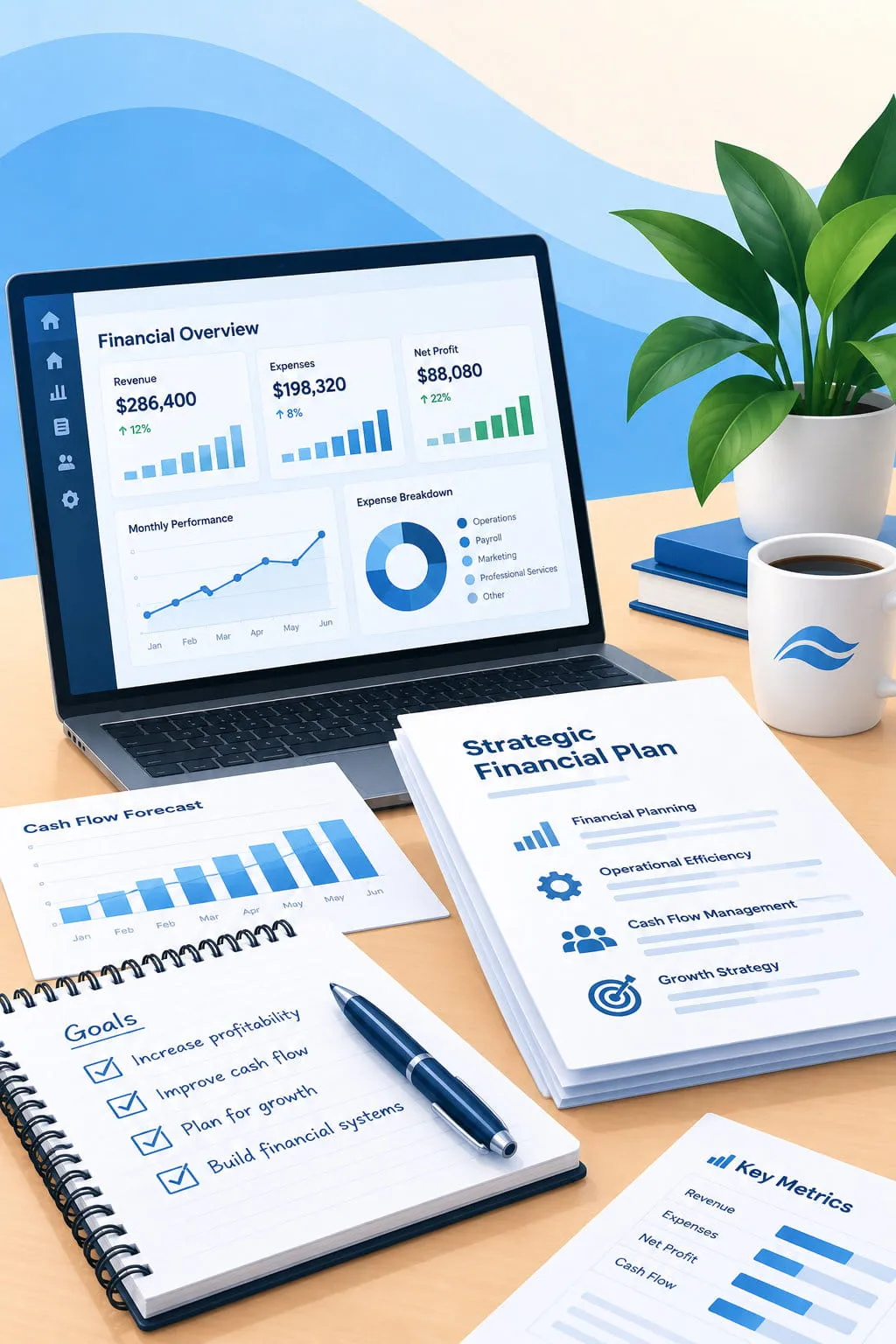 Fractional CFO illustration with financial charts, planning documents, and business analysis