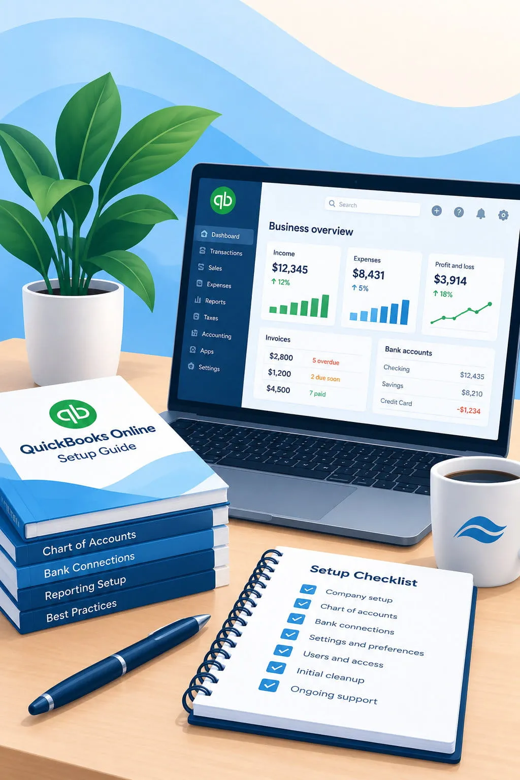 QuickBooks Online setup illustration with accounting dashboard and connected financial accounts
